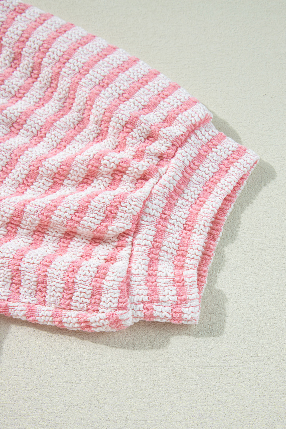 Pink Stripe Textured Puff Sleeve Crewneck Top
