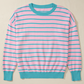 Pink Stripe Trimmed Round Neck Drop Shoulder Loose Sweater