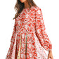 Red Colorful Floral Patchwork Long Sleeve Pleated Mini Dress