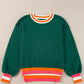 Blackish Green Colorblock Striped Trim Drop Shoulder Sweater
