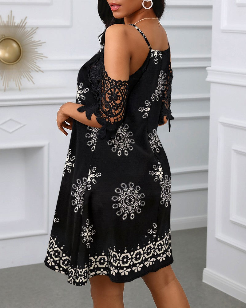 Floral Print Contrast Lace Short Sleeve V Neck Dress Casual A Line Boho Mini Dress