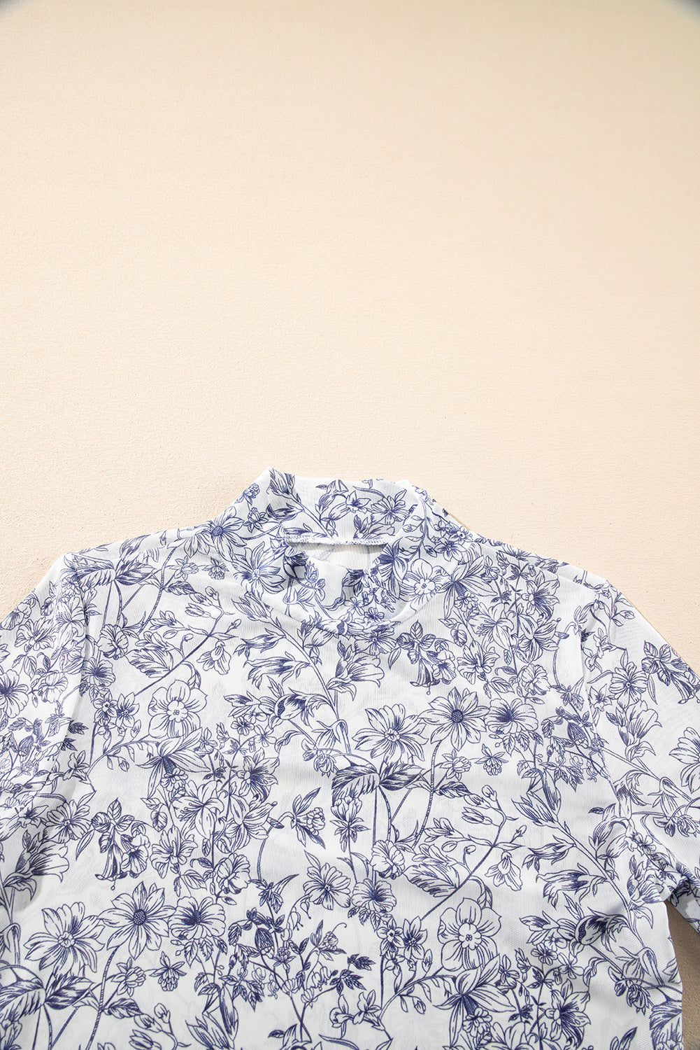 Sky Blue Floral Bell Sleeve Mock Neck Crop Mesh Top