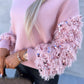 Contrast Sequin Fluffy Detail Long Sleeve Knit Sweater Casual Pullover Top