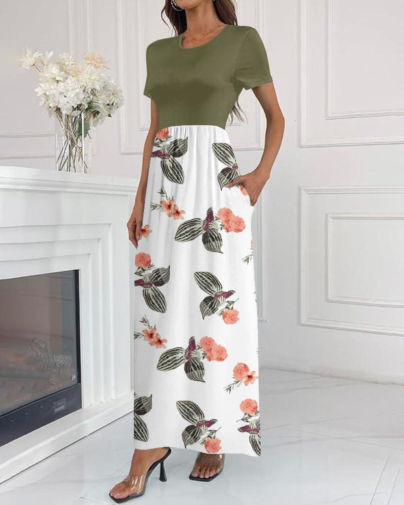 Colorblock Floral Print Round Neck Short Sleeve Dress Casual Waist A Line Maxi Dress with Pockets