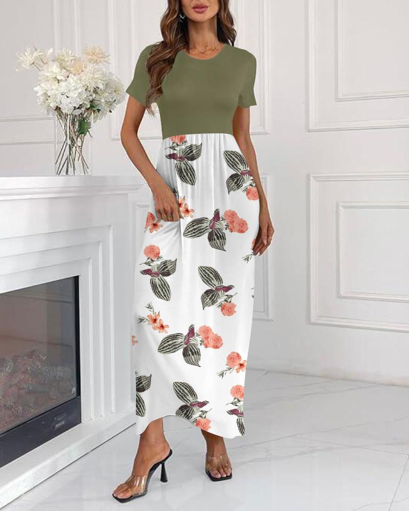 Colorblock Floral Print Round Neck Short Sleeve Dress Casual Waist A Line Maxi Dress with Pockets