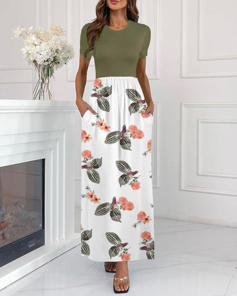 Colorblock Floral Print Round Neck Short Sleeve Dress Casual Waist A Line Maxi Dress with Pockets