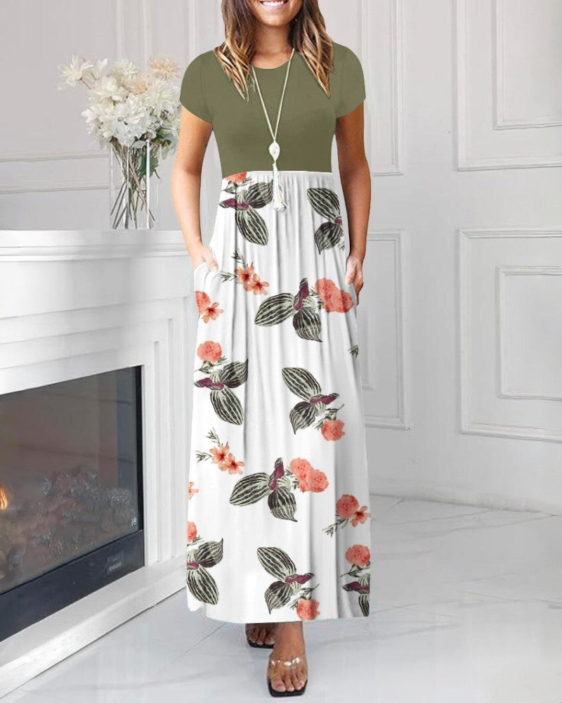 Colorblock Floral Print Round Neck Short Sleeve Dress Casual Waist A Line Maxi Dress with Pockets