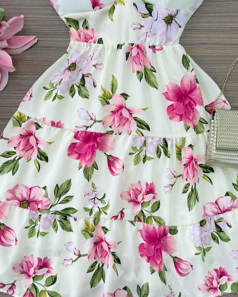 Floral Print Lace Patch V Neck Spaghetti Strap Dress Casual A Line Mini Dress