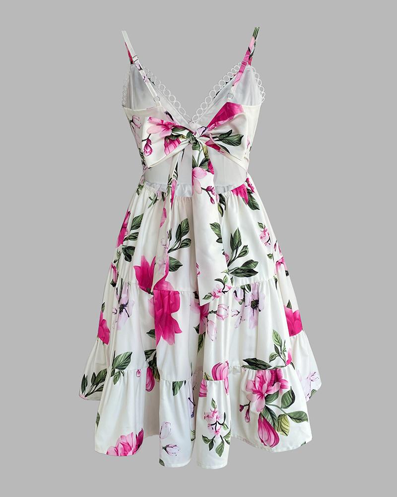 Floral Print Lace Patch V Neck Spaghetti Strap Dress Casual A Line Mini Dress