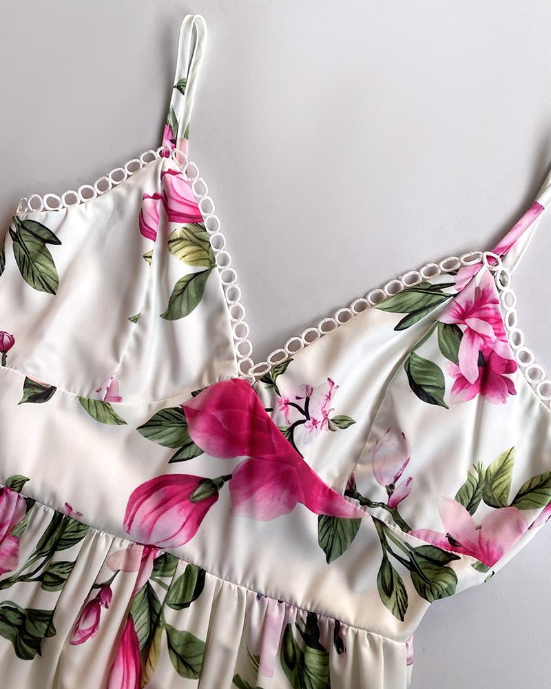 Floral Print Lace Patch V Neck Spaghetti Strap Dress Casual A Line Mini Dress
