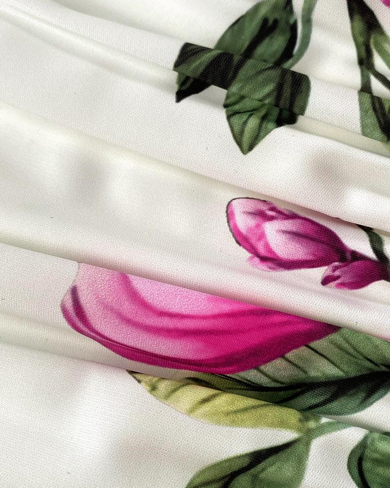 Floral Print Lace Patch V Neck Spaghetti Strap Dress Casual A Line Mini Dress