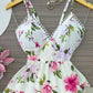 Floral Print Lace Patch V Neck Spaghetti Strap Dress Casual A Line Mini Dress