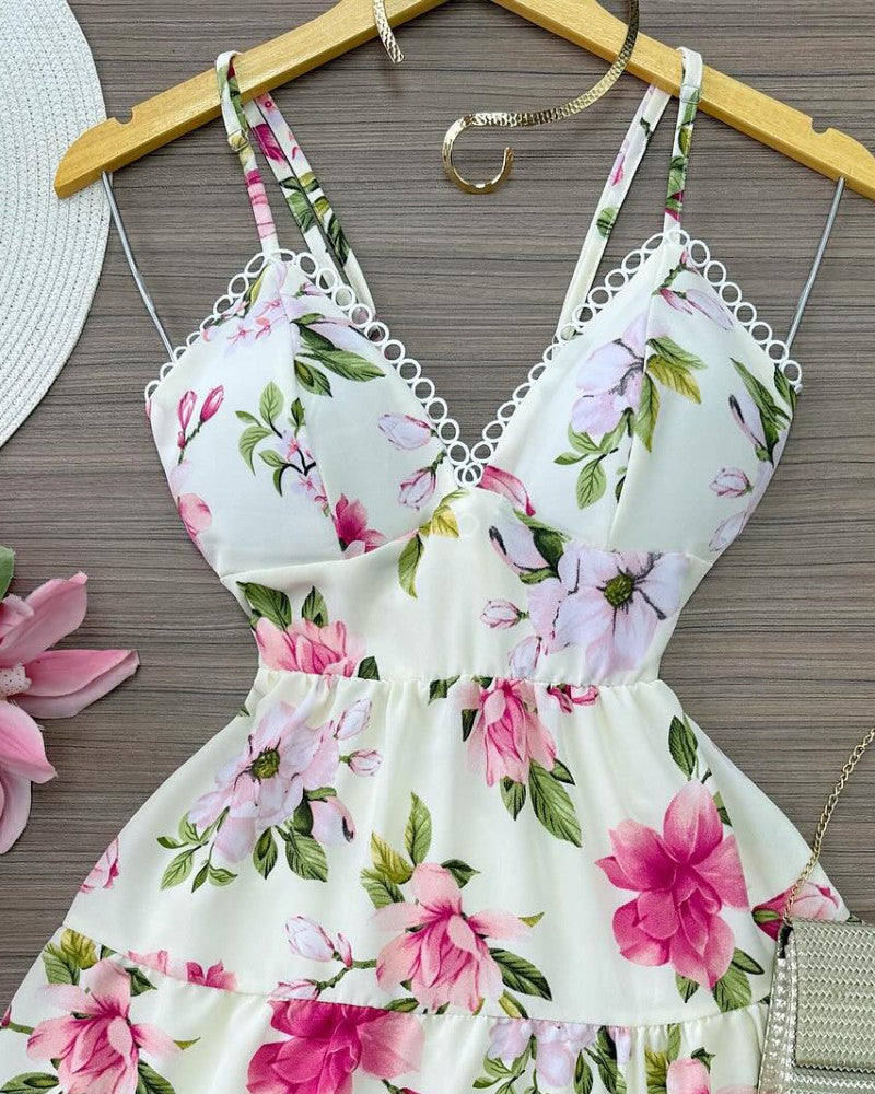 Floral Print Lace Patch V Neck Spaghetti Strap Dress Casual A Line Mini Dress