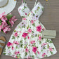 Floral Print Lace Patch V Neck Spaghetti Strap Dress Casual A Line Mini Dress