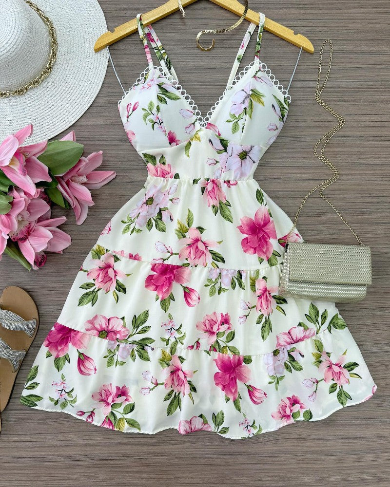 Floral Print Lace Patch V Neck Spaghetti Strap Dress Casual A Line Mini Dress