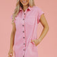 Pink Short Sleeve Double Chest Pocket Denim Shirt Dress