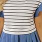 Black Stripe Ruffle Denim Patchwork Round Neck Mini Dress