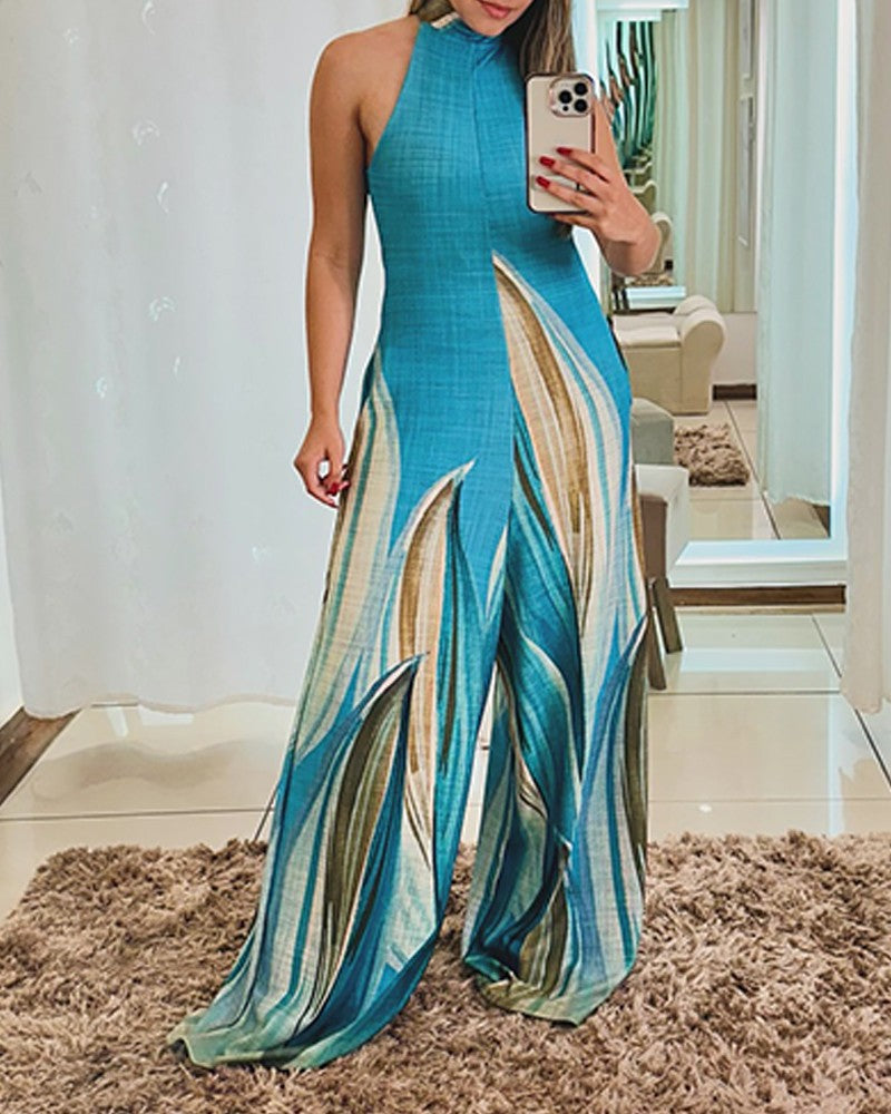 Tribal Print High Neck Sleeveless Jumpsuit Casual A Line Wide Leg Flared Romper