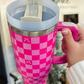 Bright Pink Bow Knot Checkered Print Large Stainless Steel Tumbler