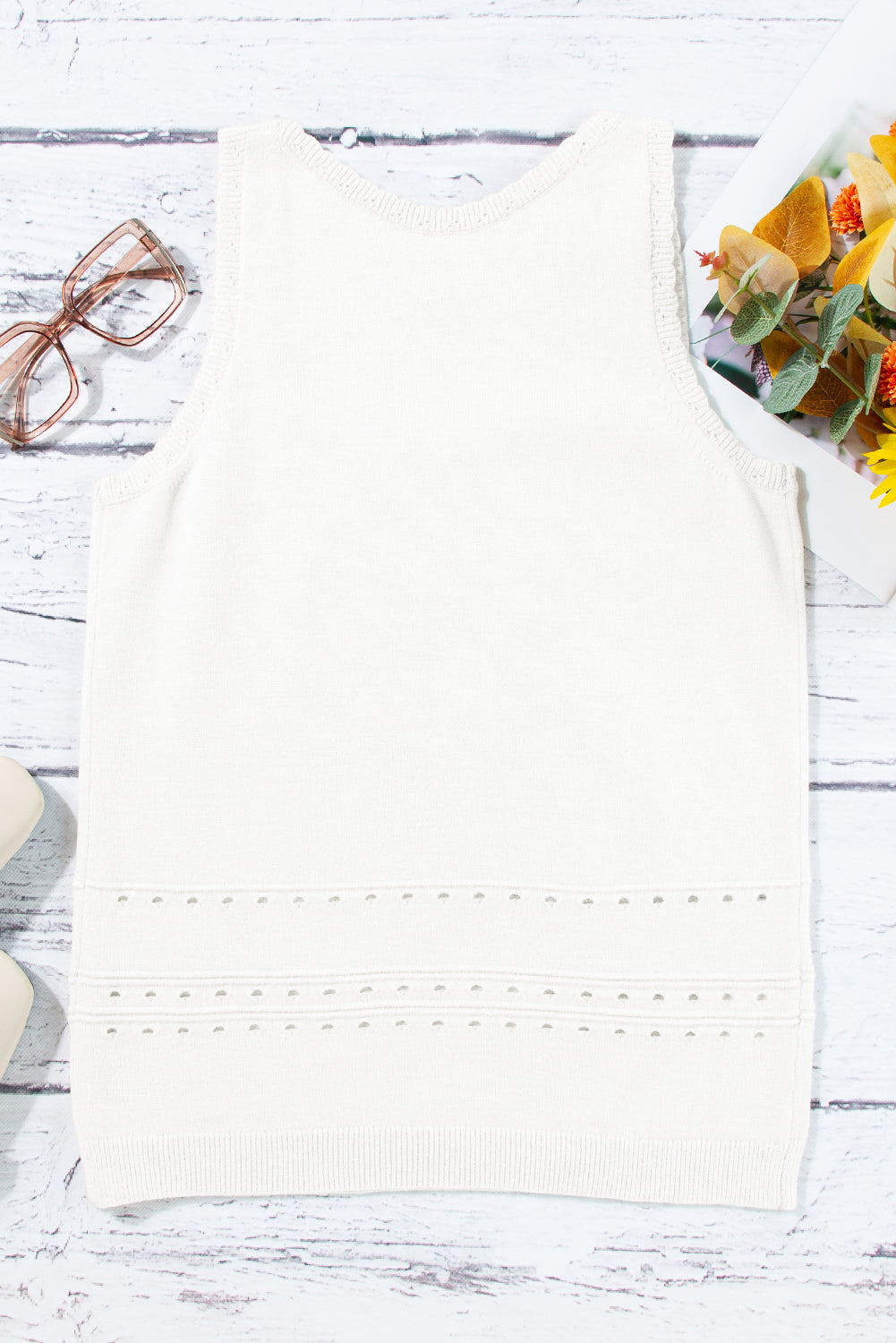 White U Neck Eyelet Accent Sweater Vest