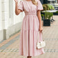 Pink Puff Sleeve Pleated High Waist Flowy Long Dress