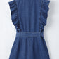 Sail Blue Denim Ruffled Zipped Front Belted Romper