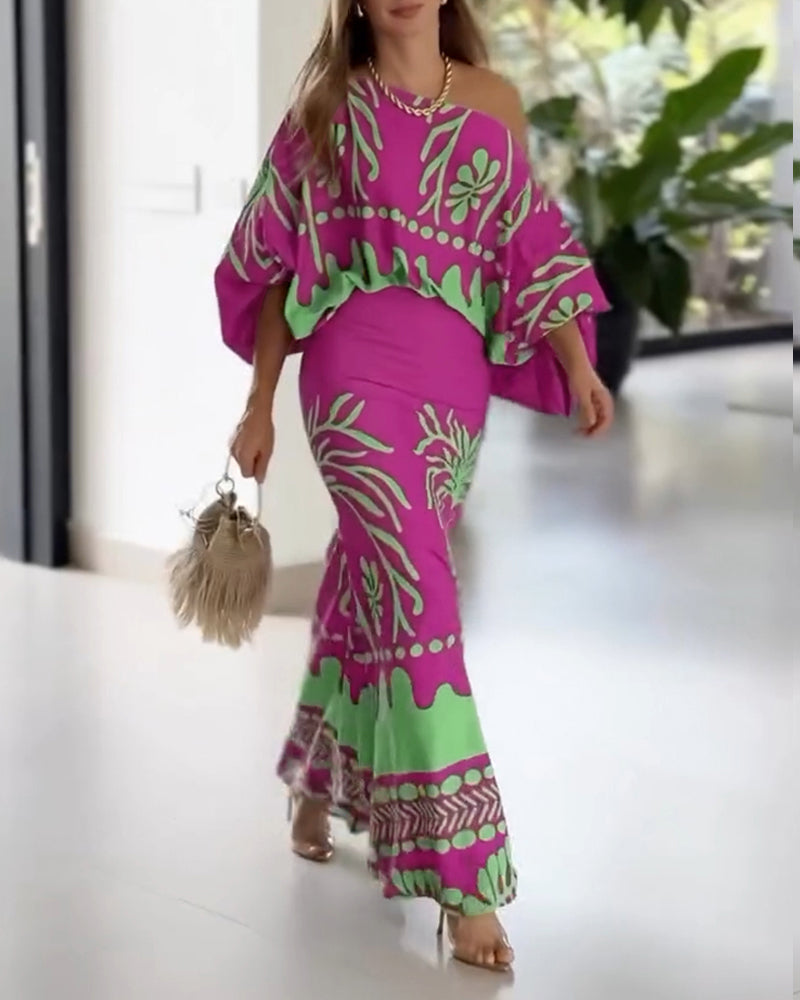 2 Pieces Outfit Tropical Print Lantern Sleeve Cold Shoulder Loose Top and Casual High Waist Fishtail Maxi Skirt Set
