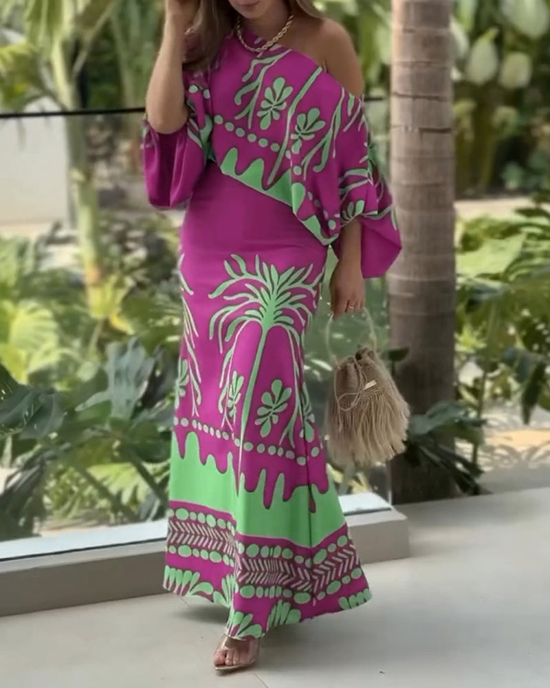 2 Pieces Outfit Tropical Print Lantern Sleeve Cold Shoulder Loose Top and Casual High Waist Fishtail Maxi Skirt Set
