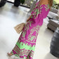 2 Pieces Outfit Tropical Print Lantern Sleeve Cold Shoulder Loose Top and Casual High Waist Fishtail Maxi Skirt Set