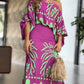 2 Pieces Outfit Tropical Print Lantern Sleeve Cold Shoulder Loose Top and Casual High Waist Fishtail Maxi Skirt Set