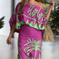 2 Pieces Outfit Tropical Print Lantern Sleeve Cold Shoulder Loose Top and Casual High Waist Fishtail Maxi Skirt Set