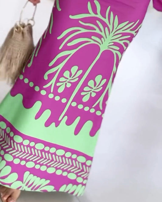 2 Pieces Outfit Tropical Print Lantern Sleeve Cold Shoulder Loose Top and Casual High Waist Fishtail Maxi Skirt Set