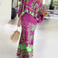 2 Pieces Outfit Tropical Print Lantern Sleeve Cold Shoulder Loose Top and Casual High Waist Fishtail Maxi Skirt Set