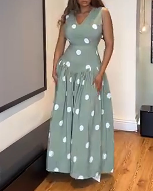 Polka Dot V Neck Sleeveless Maxi Dress Casual Waist A Line Flared Dress
