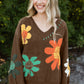Coffee Big Flower Pattern V Neck Drop Shoulder Sweater