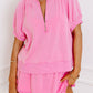 Pink Half Zip Puff Sleeve Top and Ruffled Shorts Set