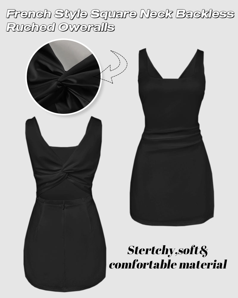 French Style Square Neck Backless Ruched Overalls Twist Back Slim Fit Faux Two Piece Skort Romper