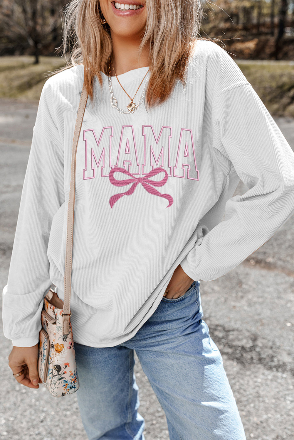 White MAMA Bowknot Embroidered Ribbed Pullover Sweatshirt