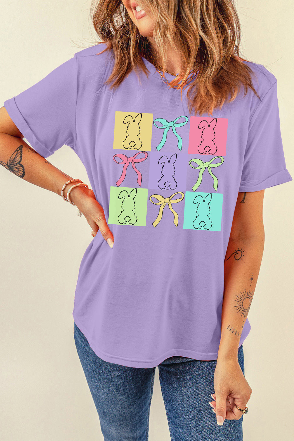 Wisteria Bunny Bow Plaid Print Easter Fashion Tee