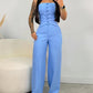 2 Pieces Outfit Bandeau Button Decor Vest Top and Casual Wide Leg Pants Set