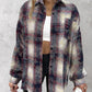Plaid Pattern Long Sleeve Shacket Distressed Button Down Shirt
