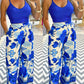 2 Piece Floral Print U Neck Spaghetti Strap Top High Waist Wide Leg Vacation Pants Set with Pocket