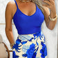 2 Piece Floral Print U Neck Spaghetti Strap Top High Waist Wide Leg Vacation Pants Set with Pocket