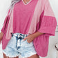 Bright Pink Textured Colorblock 3/4 Sleeve Oversize Top
