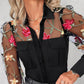 Floral Embroidery Turn down Collar Sheer Mesh Patch Blouse Casual Long Sleeve Slim Fit Top
