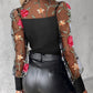 Floral Embroidery Turn down Collar Sheer Mesh Patch Blouse Casual Long Sleeve Slim Fit Top
