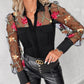 Floral Embroidery Turn down Collar Sheer Mesh Patch Blouse Casual Long Sleeve Slim Fit Top