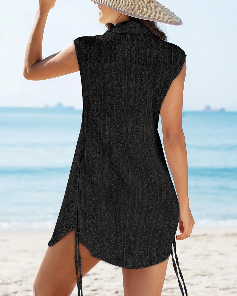 V Neck Turn down Neck Sleeveless Drawstring Hollow out Mini Dress Vacation Cover Up