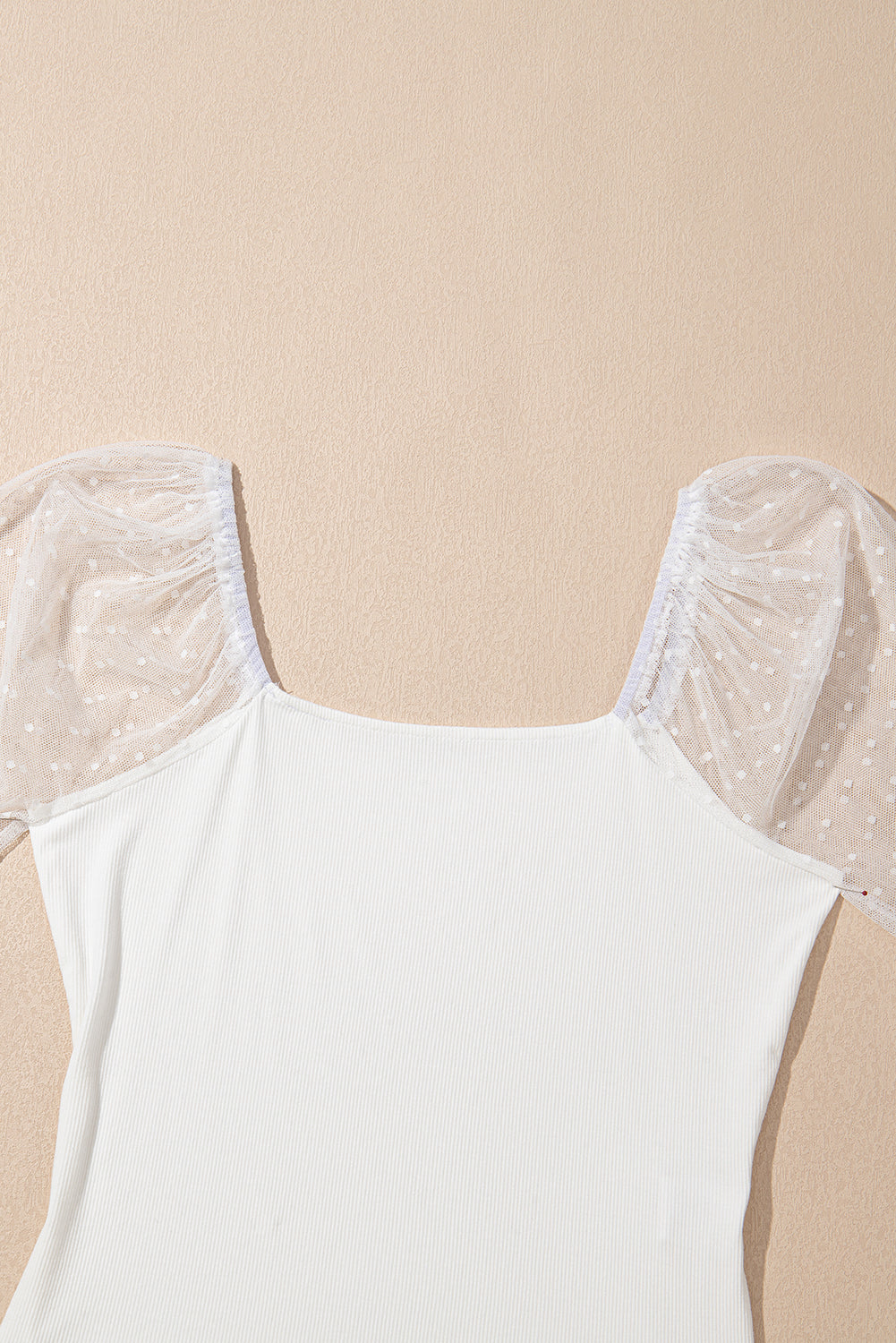 White Swiss Dot Mesh Long Sleeve Square Neck Slim Top