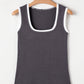 Carbon Grey Ribbed Knit Colorblock Edge U Neck Slim Fit Tank Top